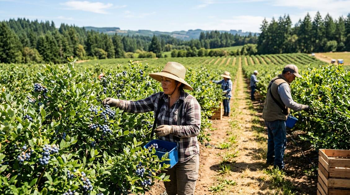 Blueberry harvest crew Oregon — hand picking blueberries Marion County Willamette Valley